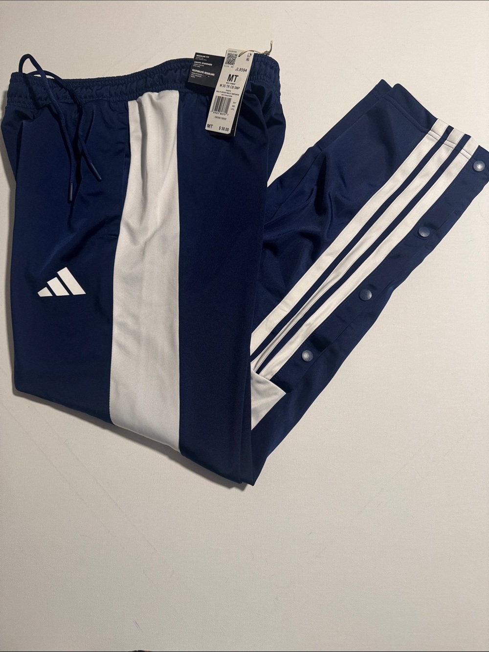 Adidas Joggers Track Pants Mens Medium Tall Navy Snap Leg